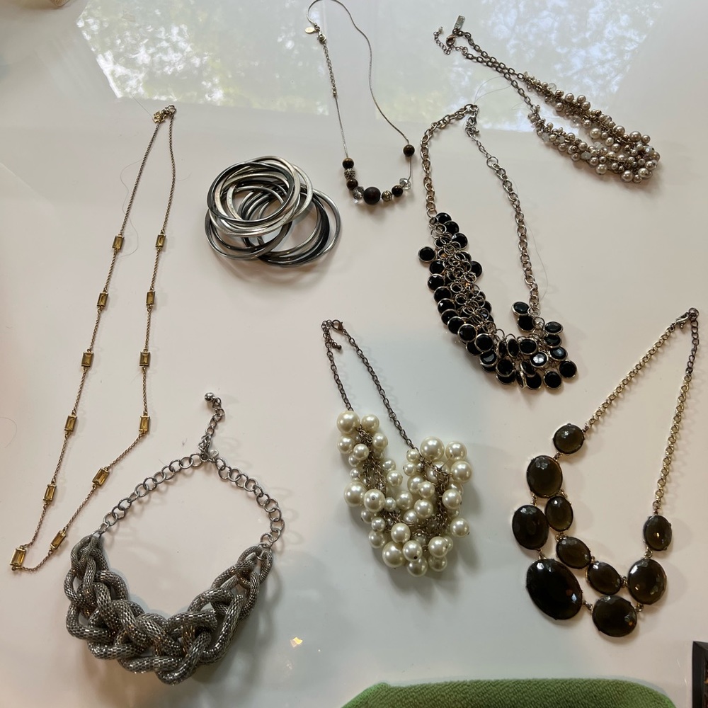 7 necklaces & set of metallic bangles — sold as a set